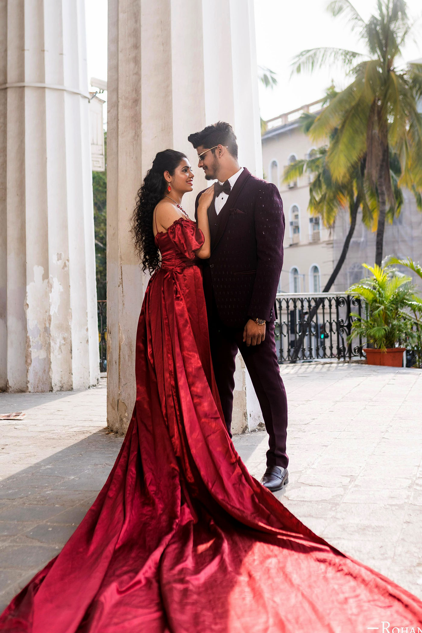 Maroon Satin Slit Trail Gown - Image 2