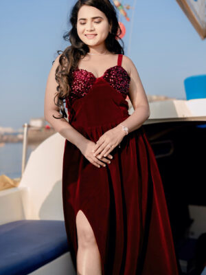 Maroon Suede Slit Gown With Sequin Detail