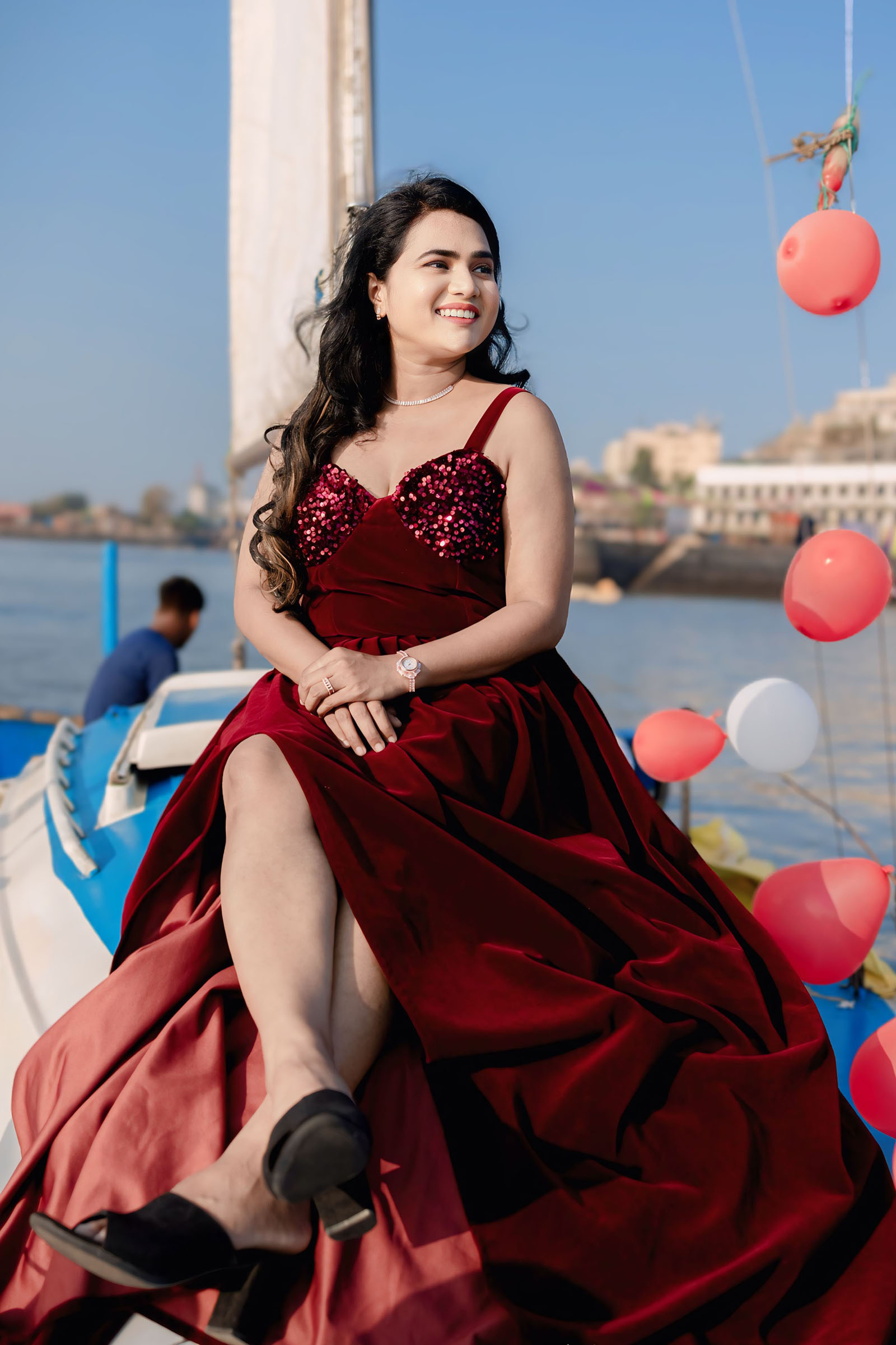 Maroon Suede Slit Gown With Sequin Detail - Image 2