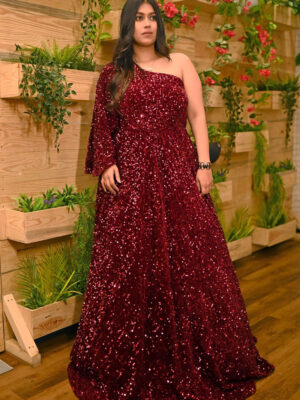 Maroon Velvet Sequence One Shoulder Gown