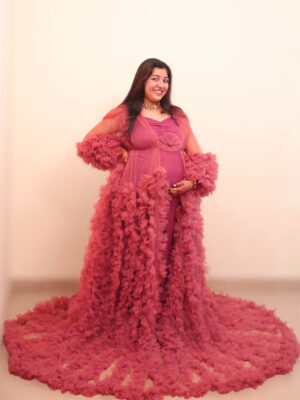 Mauve Gown With Tulle Ruffled Detachable Longline Shrug