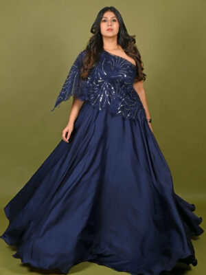 Navy Blue Embellished One Shoulder Cape Gown