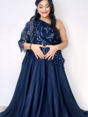 Navy Blue Embellished One Shoulder Cape Gown