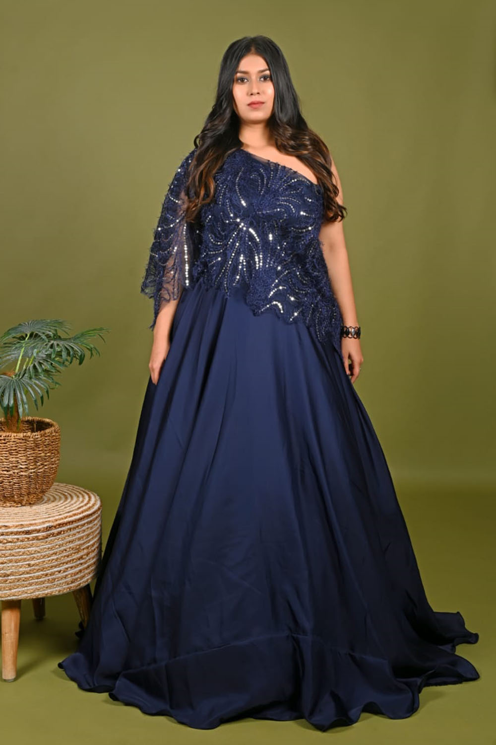 Navy Blue Embellished One Shoulder Cape Gown - Image 2