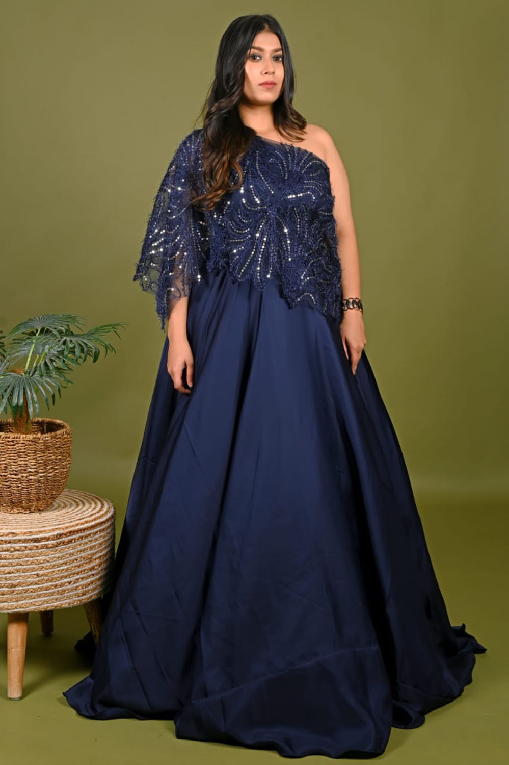 Navy Blue Embellished One Shoulder Cape Gown - Image 3