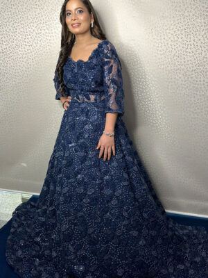 Navy Blue Off Shoulder Long Sleeve Gown