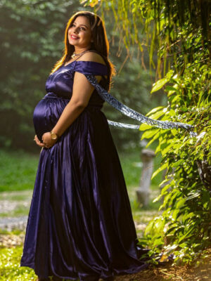 Navy Blue Satin Detachable Trail Gown