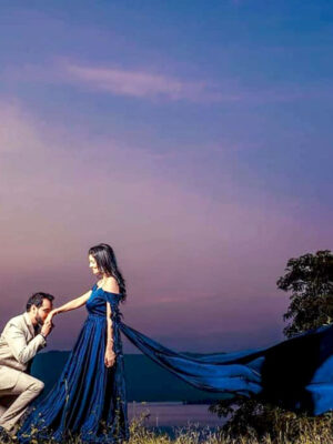 Navy Blue Satin Detachable Trail Gown