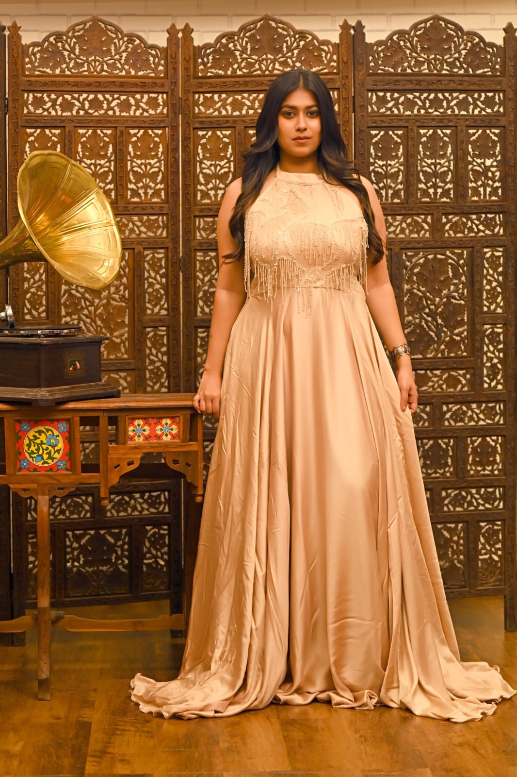 Nude Halter Neck Embellished Gown - Image 3
