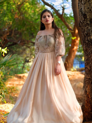 Nude Off Shoulder Satin Embroidered Flare Gown