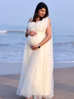 Off White Net Sleeveless Gown