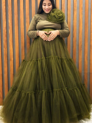 Olive Green Bodycon Gown With Detachable Tiered Skirt