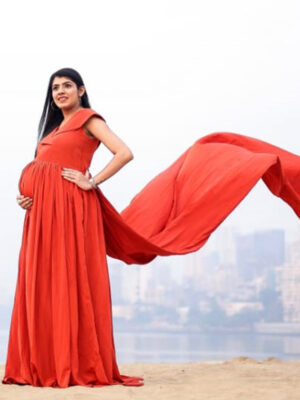 Orange Crepe Overlap Neck Trail Gown