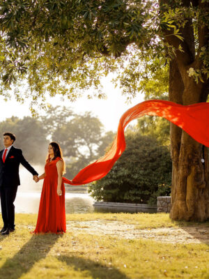 Orange Crepe Overlap Neck Trail Gown