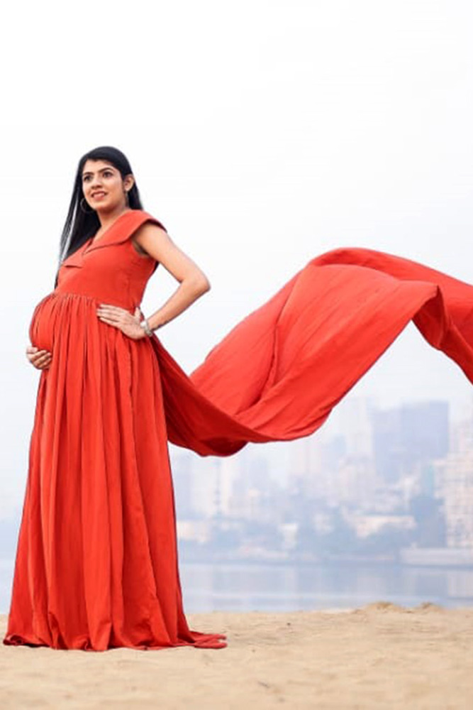 Orange Crepe Overlap Neck Trail Gown