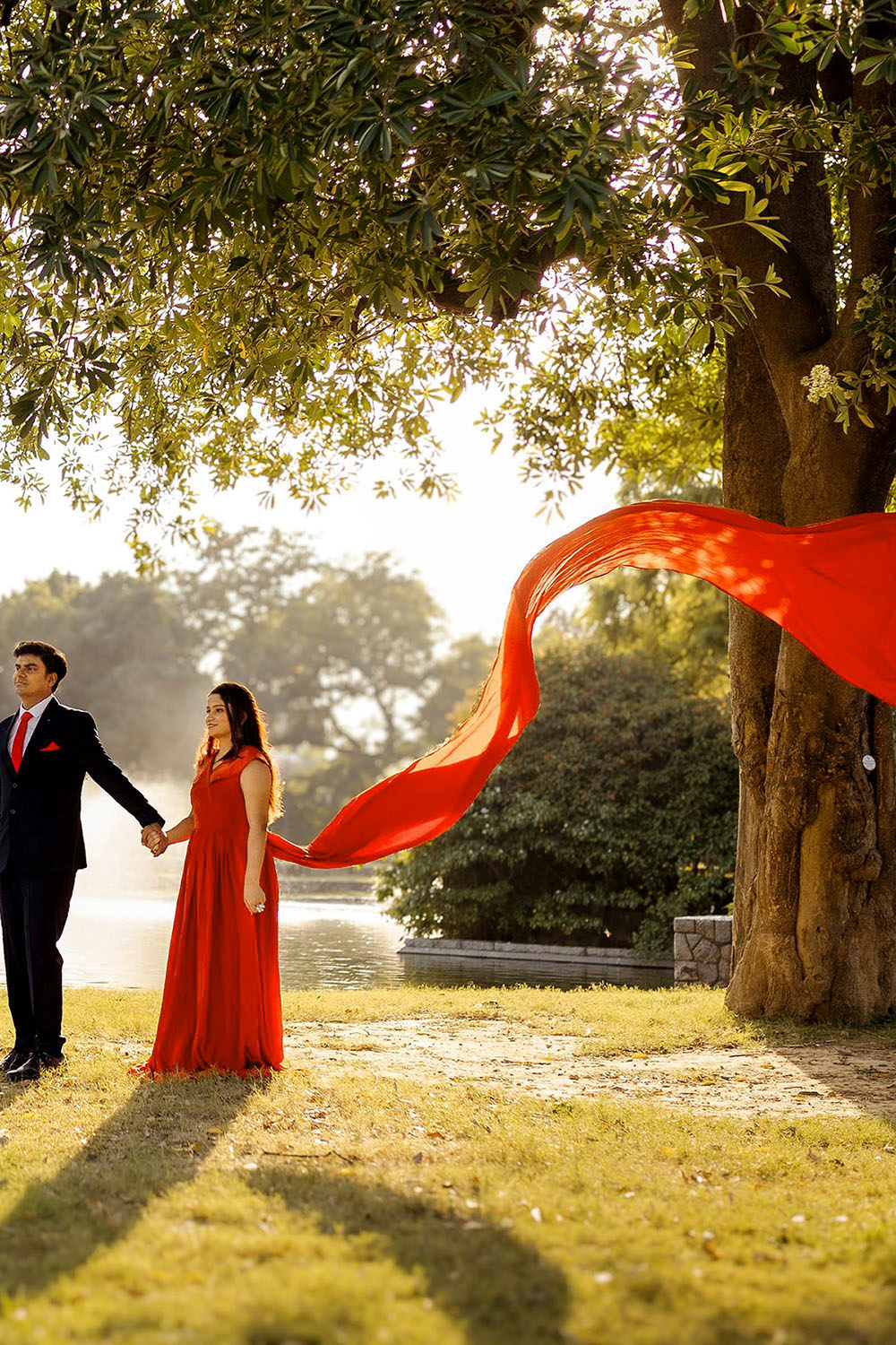 Orange Crepe Overlap Neck Trail Gown