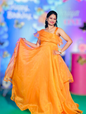 Orange Organza One Shoulder Flare Gown