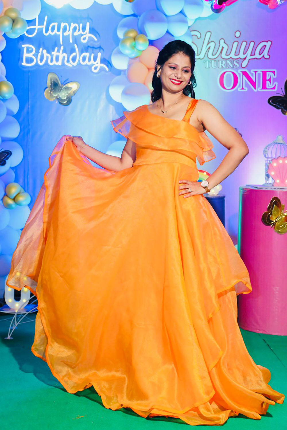 Orange Organza One Shoulder Flare Gown - Image 3