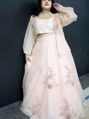 Peach 3 Piece Hand Embroidered Lehenga Set With Bomber Jacket
