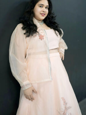 Peach 3 Piece Hand Embroidered Lehenga Set With Bomber Jacket 2