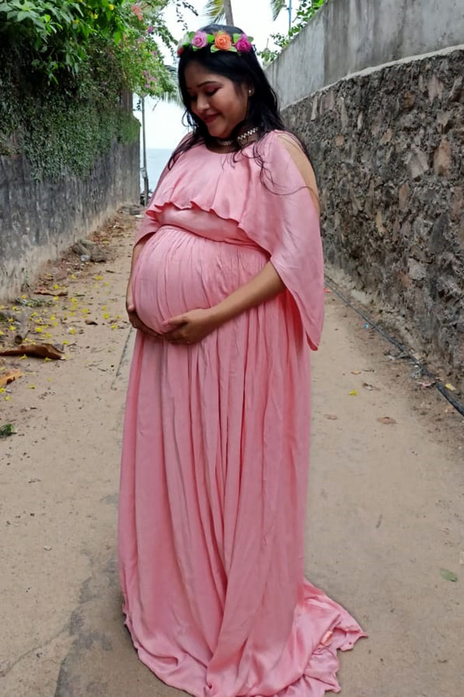 Peach Cold Shoulder Satin Silk Gown - Image 3
