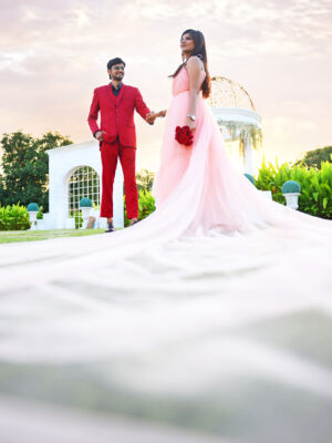 Peach Net Layered Trail Gown With Detachable Sleeves