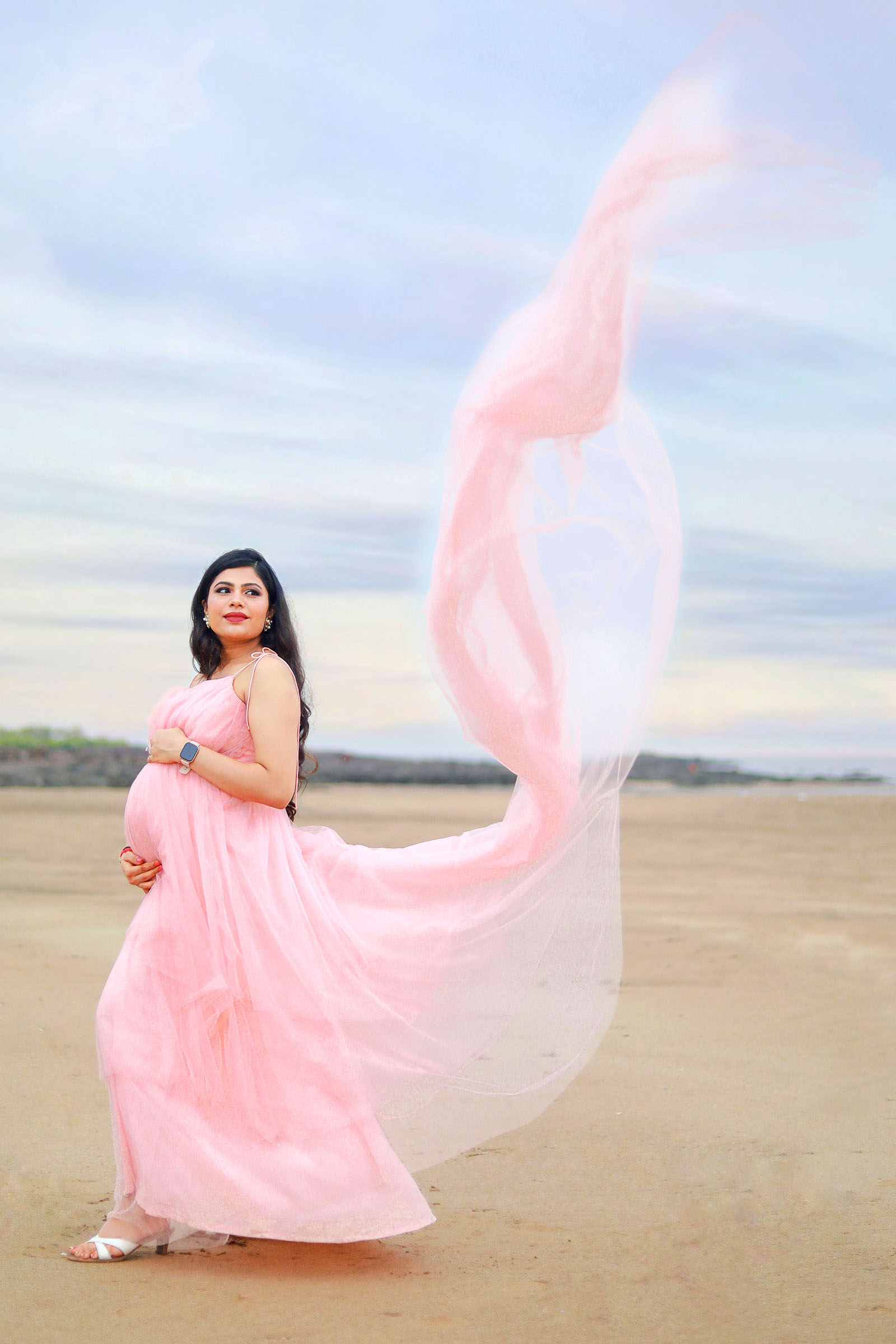 Peach Net Layered Trail Gown With Detachable Sleeves
