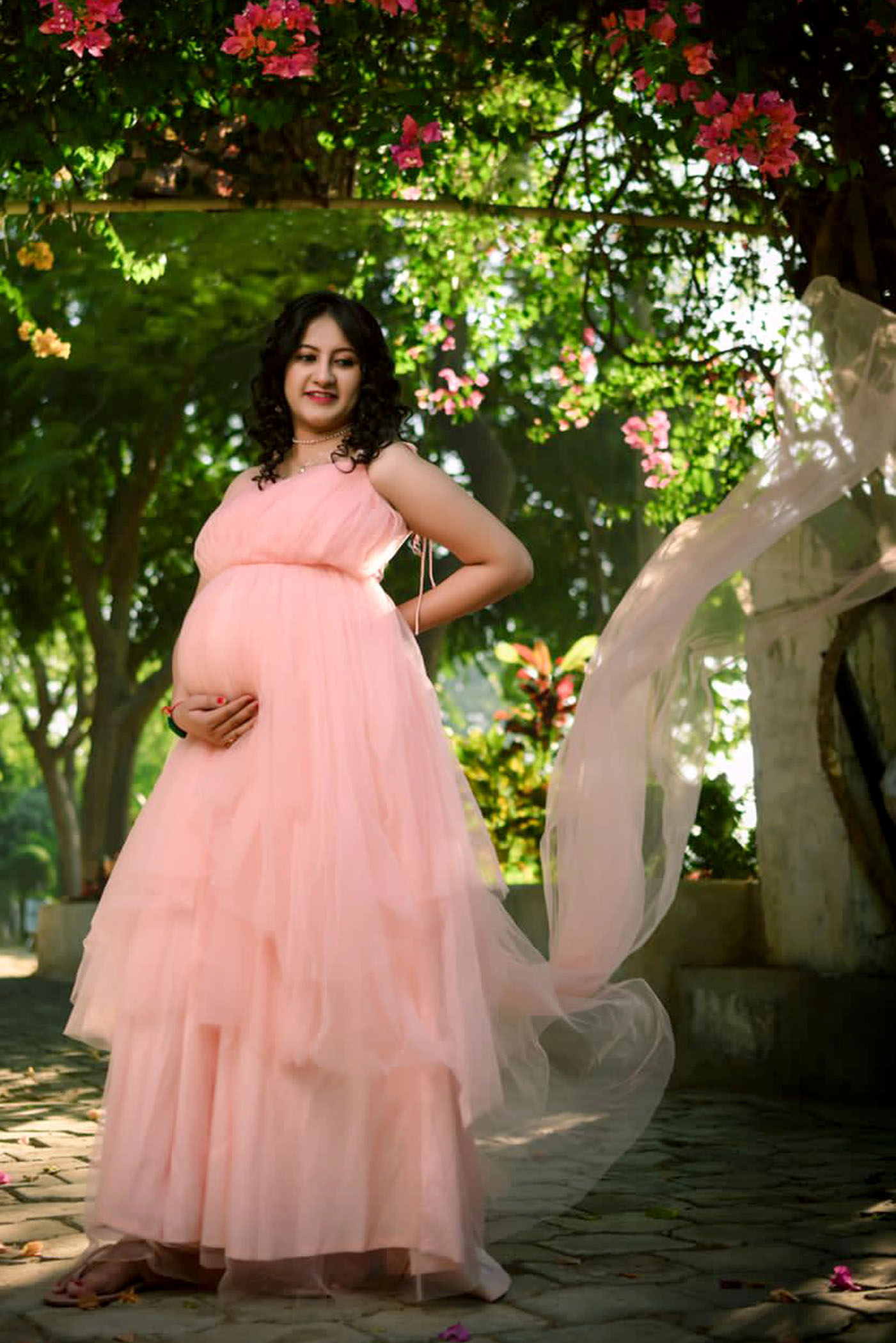 Peach Net Layered Trail Gown With Detachable Sleeves - Image 2