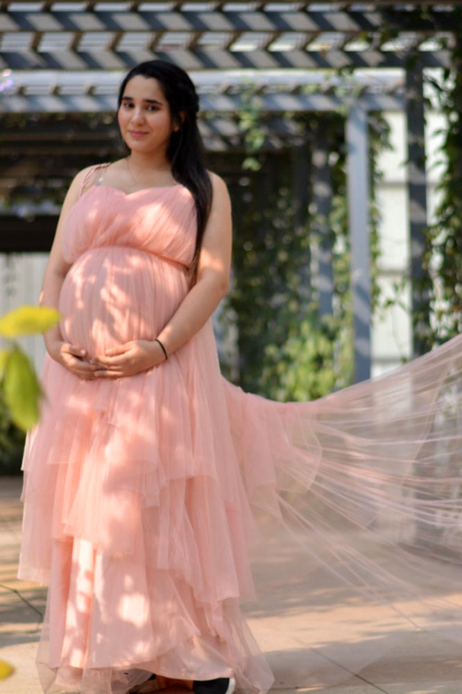Peach Net Layered Trail Gown With Detachable Sleeves - Image 3