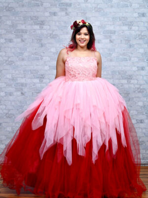 Peach-Red Duo Asymmetric Layered Gown