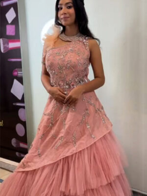 Pink Layered Hand Embroidered Flare Gown