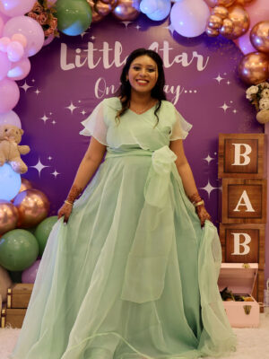 Pista Green Organza Flare Gown With Detachable Bow