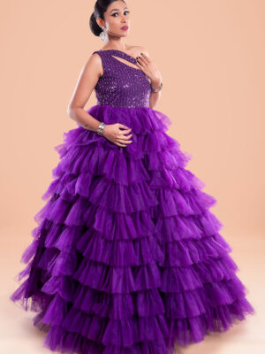 Purple Multi-Layered Net Hand Embroidered Gown