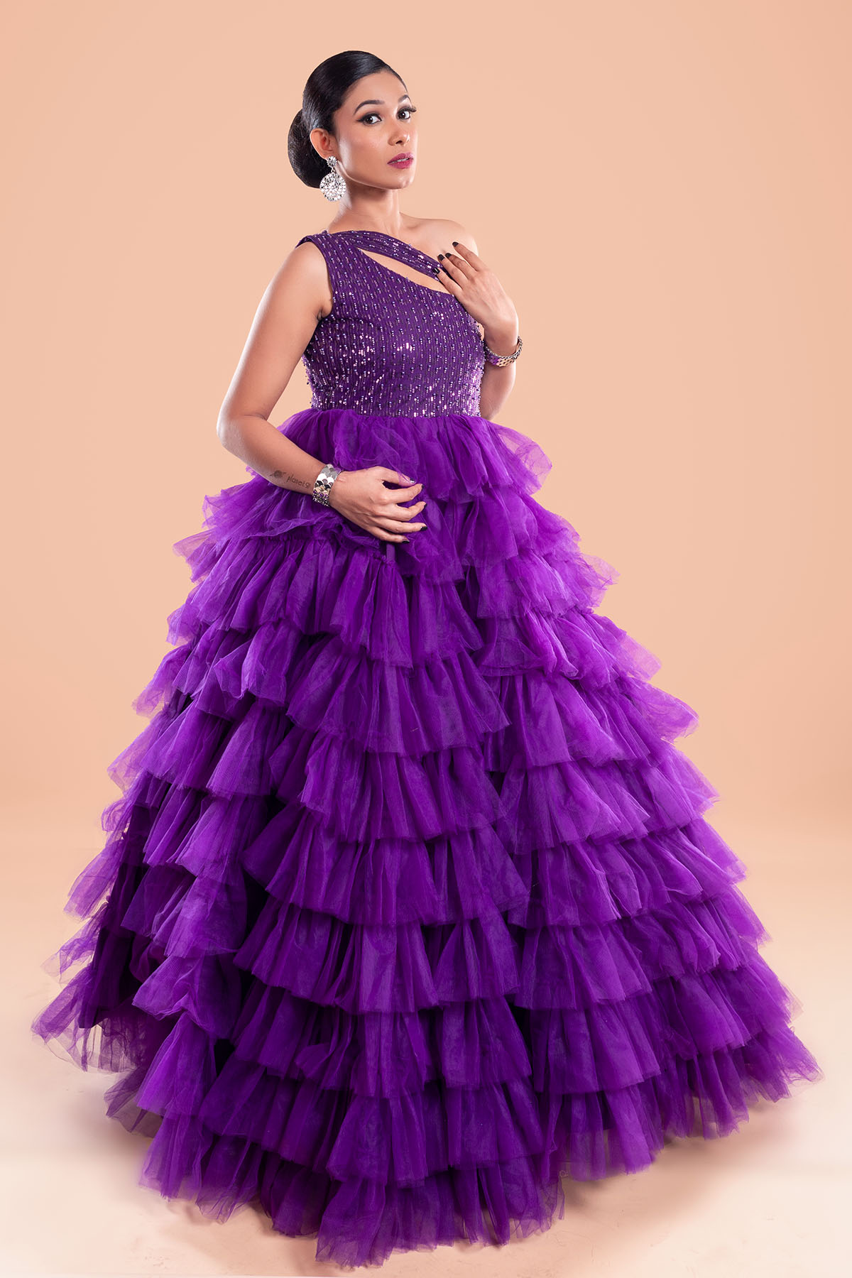 Purple Multi-Layered Net Hand Embroidered Gown