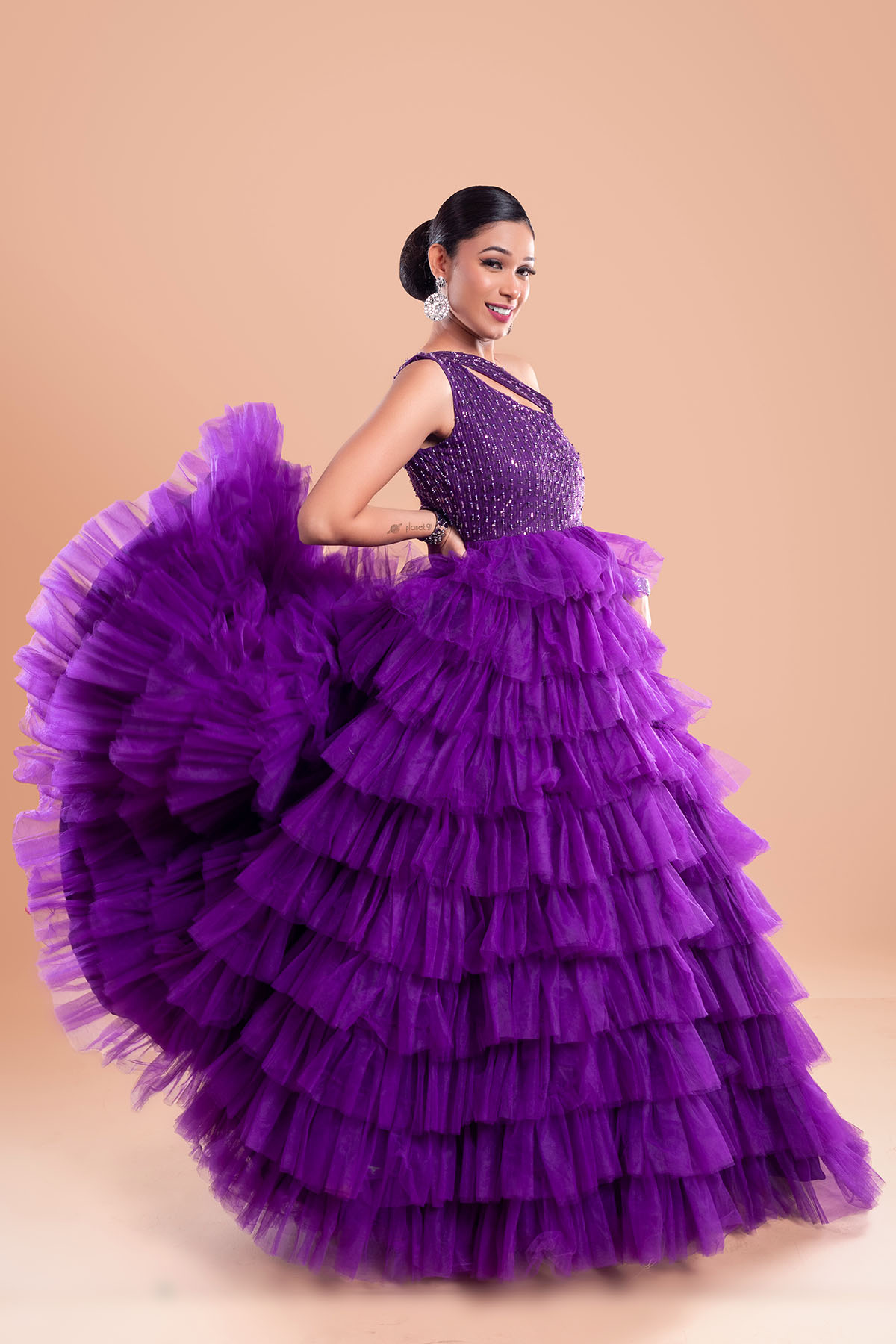 Purple Multi-Layered Net Hand Embroidered Gown - Image 2