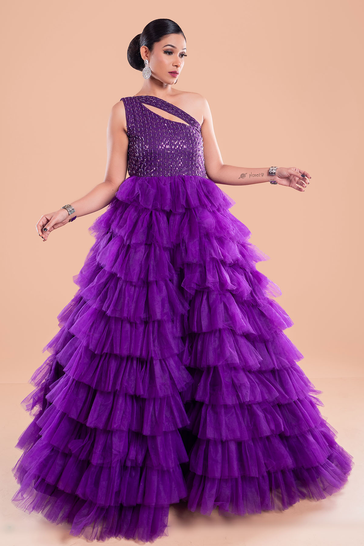 Purple Multi-Layered Net Hand Embroidered Gown - Image 3