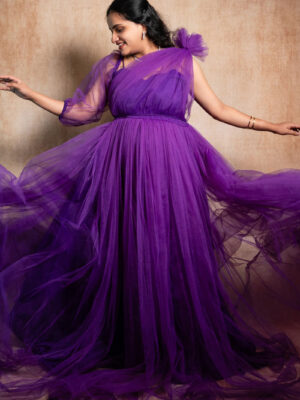 Purple Net Flare Gown With Detachable Sleeves Option