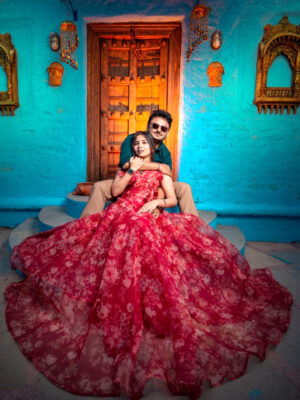 Red Floral Printed Organza Gown