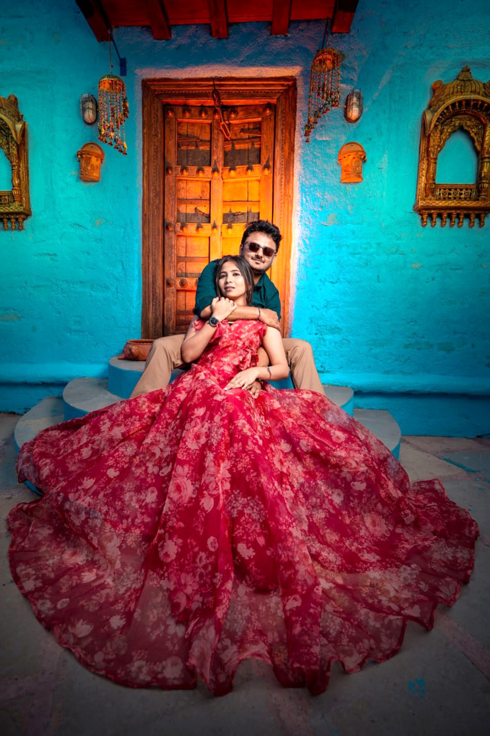 Red Floral Printed Organza Gown
