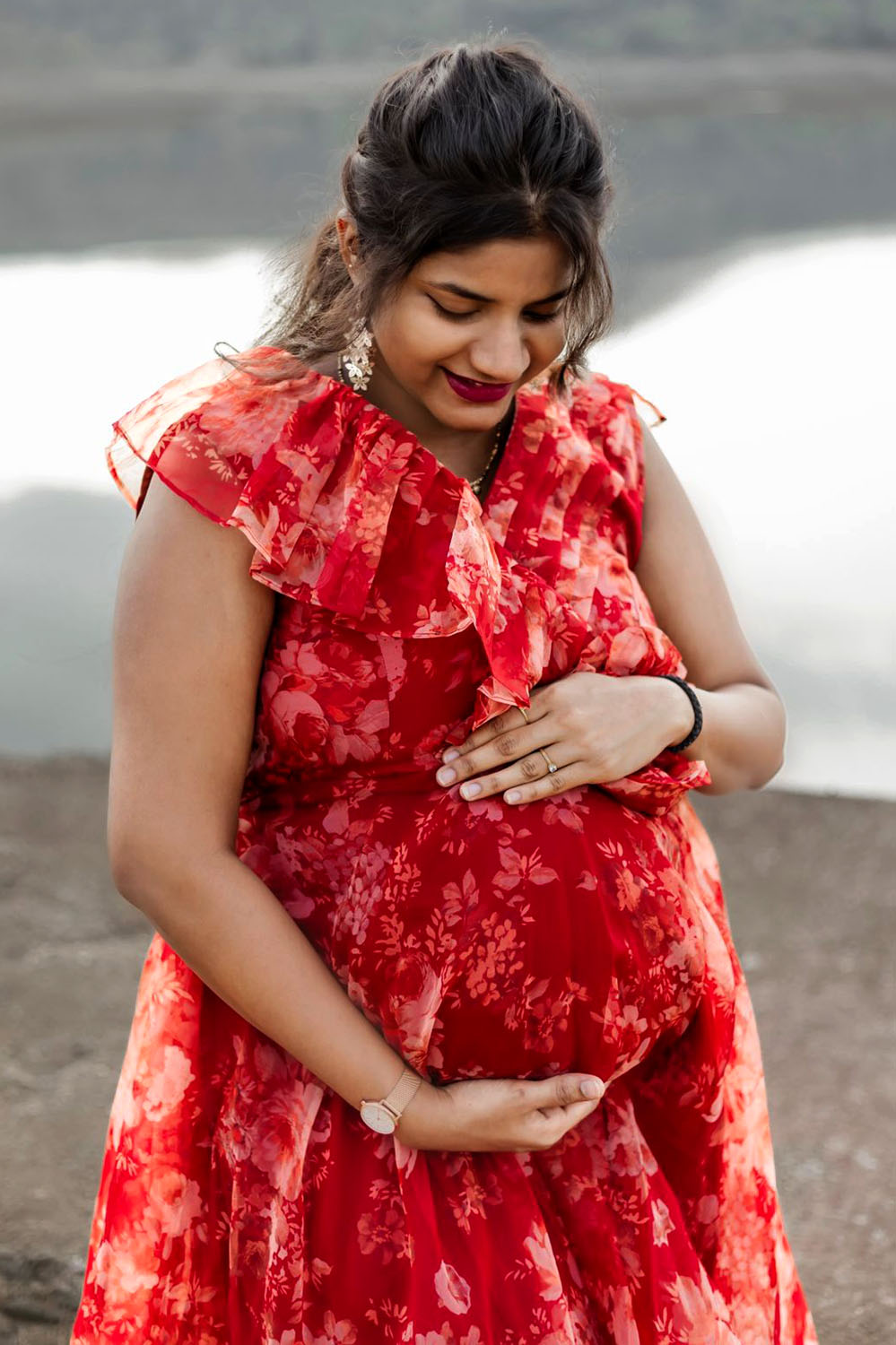 Red Floral Printed Organza Gown - Image 3