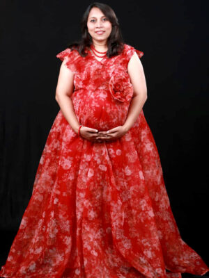 Red Floral Printed Organza Gown