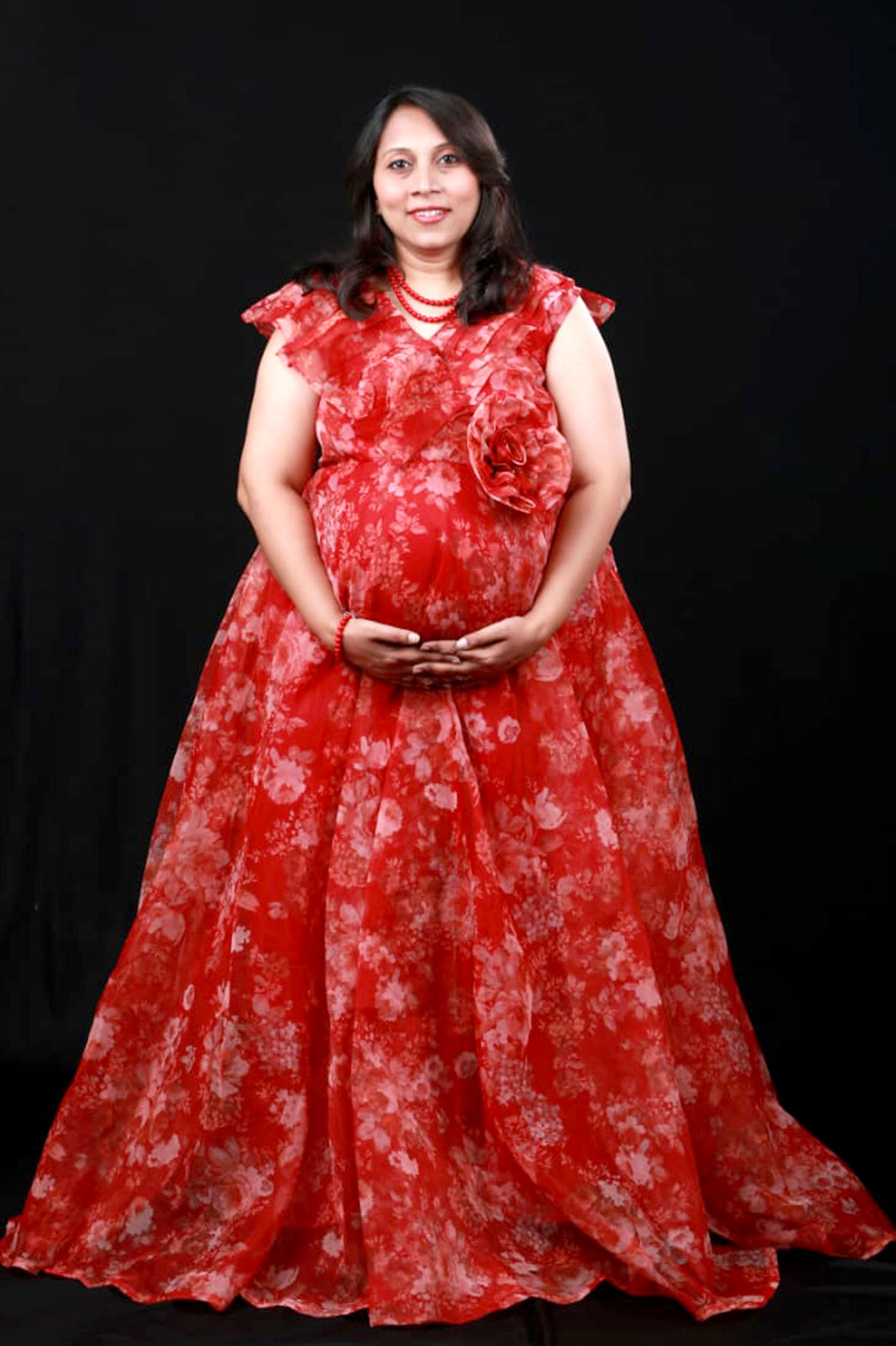 Red Floral Printed Organza Gown