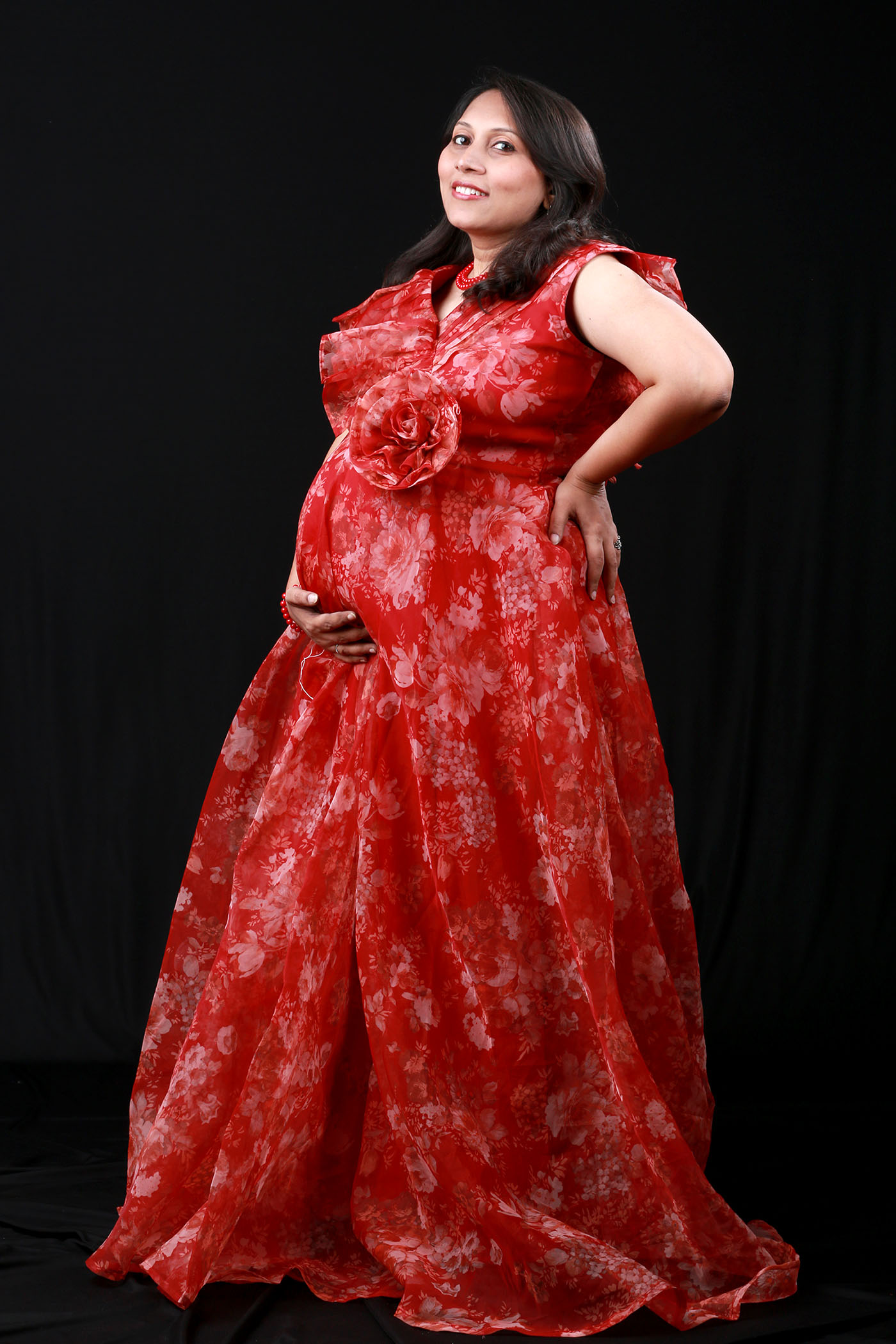 Red Floral Printed Organza Gown - Image 2