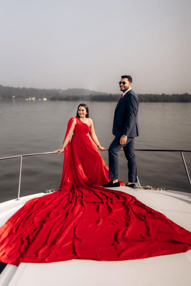 Red Georgette One Shoulder Trail Infinity Trail Gown