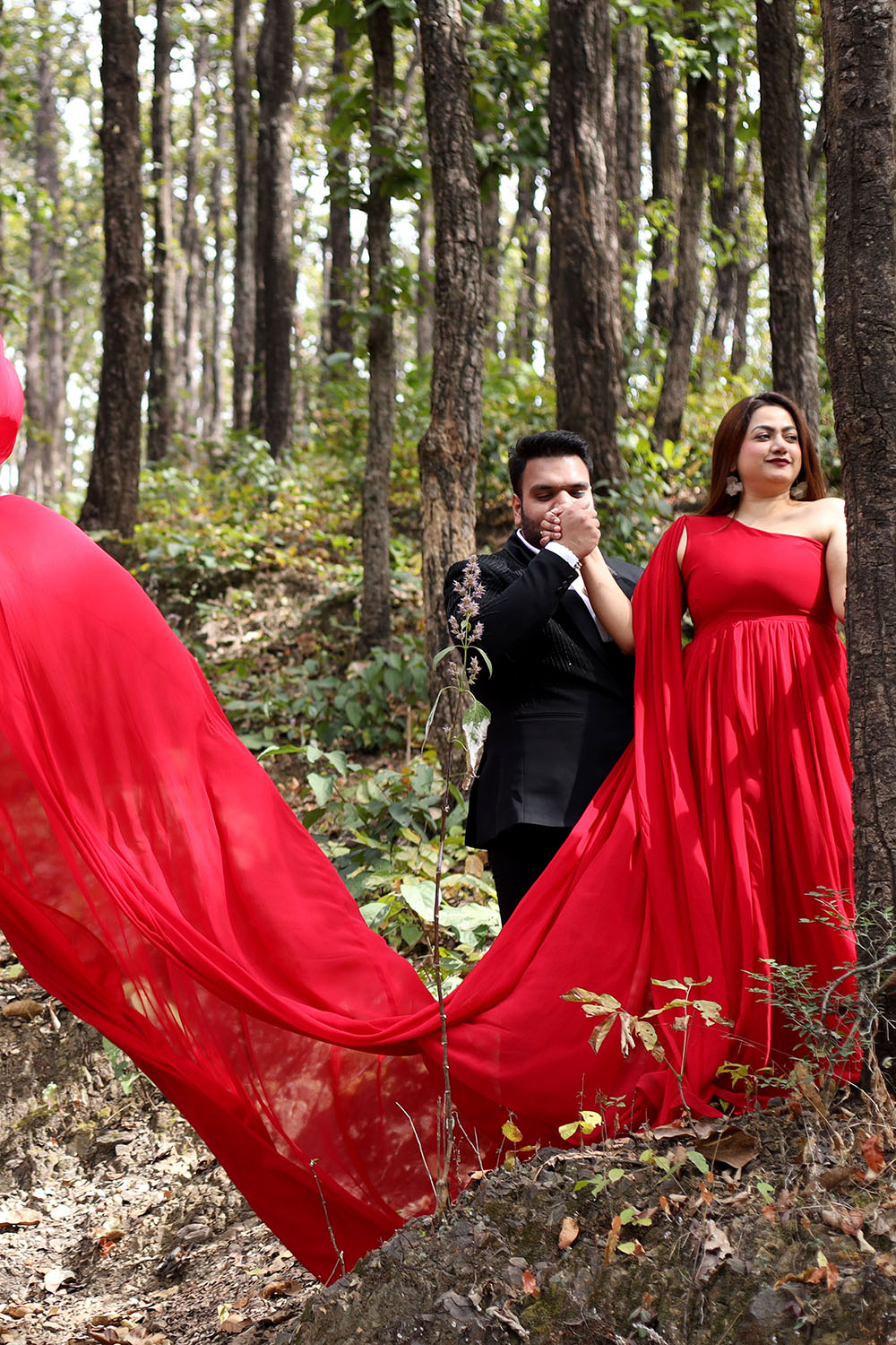 Red Georgette One Shoulder Trail Infinity Trail Gown - Image 3
