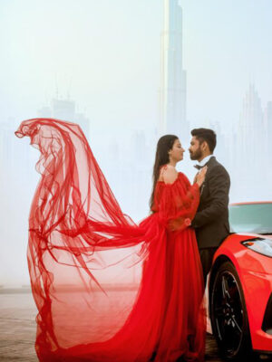 Red Net Cold Shoulder Trail Gown