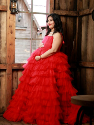 Red Net One Shoulder Layered Gown