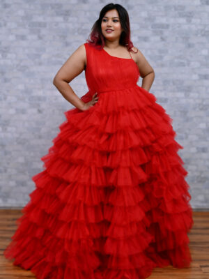 Red Net One Shoulder Layered Gown
