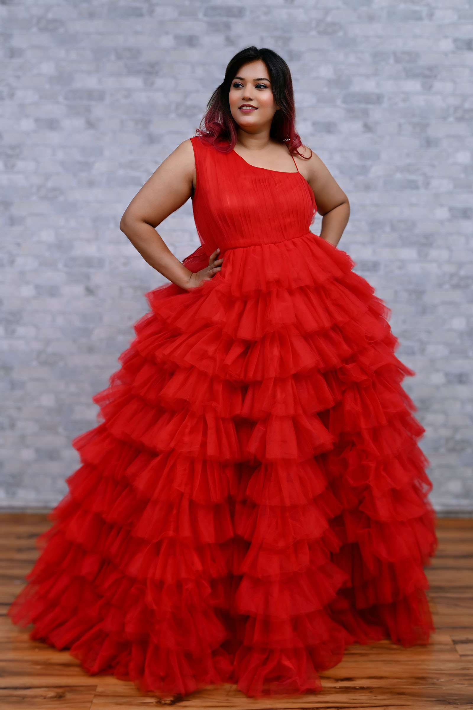 Red Net One Shoulder Layered Gown