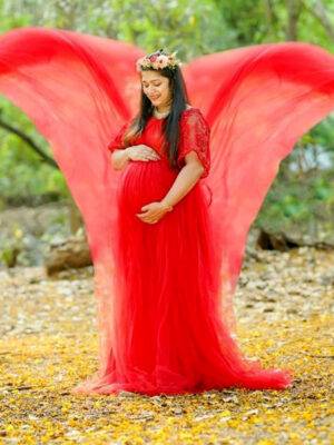 Red Net Sleeveless Trail Gown With Embroidered Detachable Sleeves